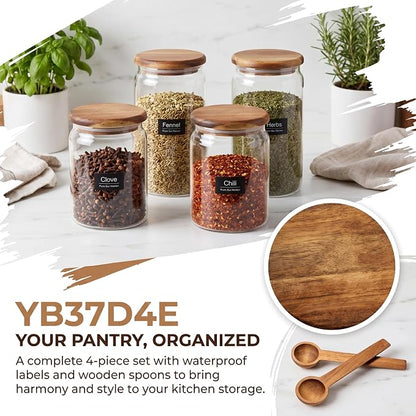 2-Pack 67 fl oz Large Wide Mouth Mason Jars with Spoon & Labels, Acacia Wood Lids & Press Seal, No Plastic, for Coffee Beans, Ground Coffee, Spice & Dry Food Storage, Pantry Organization.