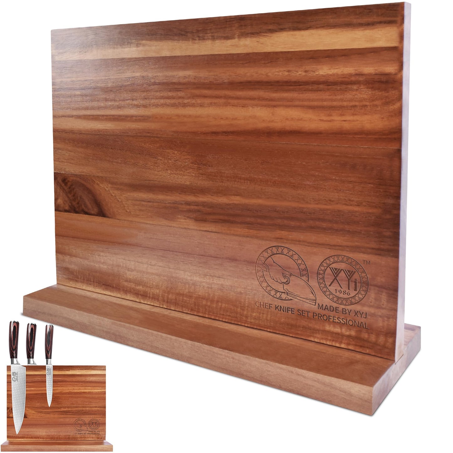 XYJ Authentic Since 1986, Magnetic Knife Block, Double Side Kitchen Knife Stand, Acacia Wood, Magnetic Knife Holder with Strong Enhanced Magnets,Knives Storage Rack Stand for Home Kitchen