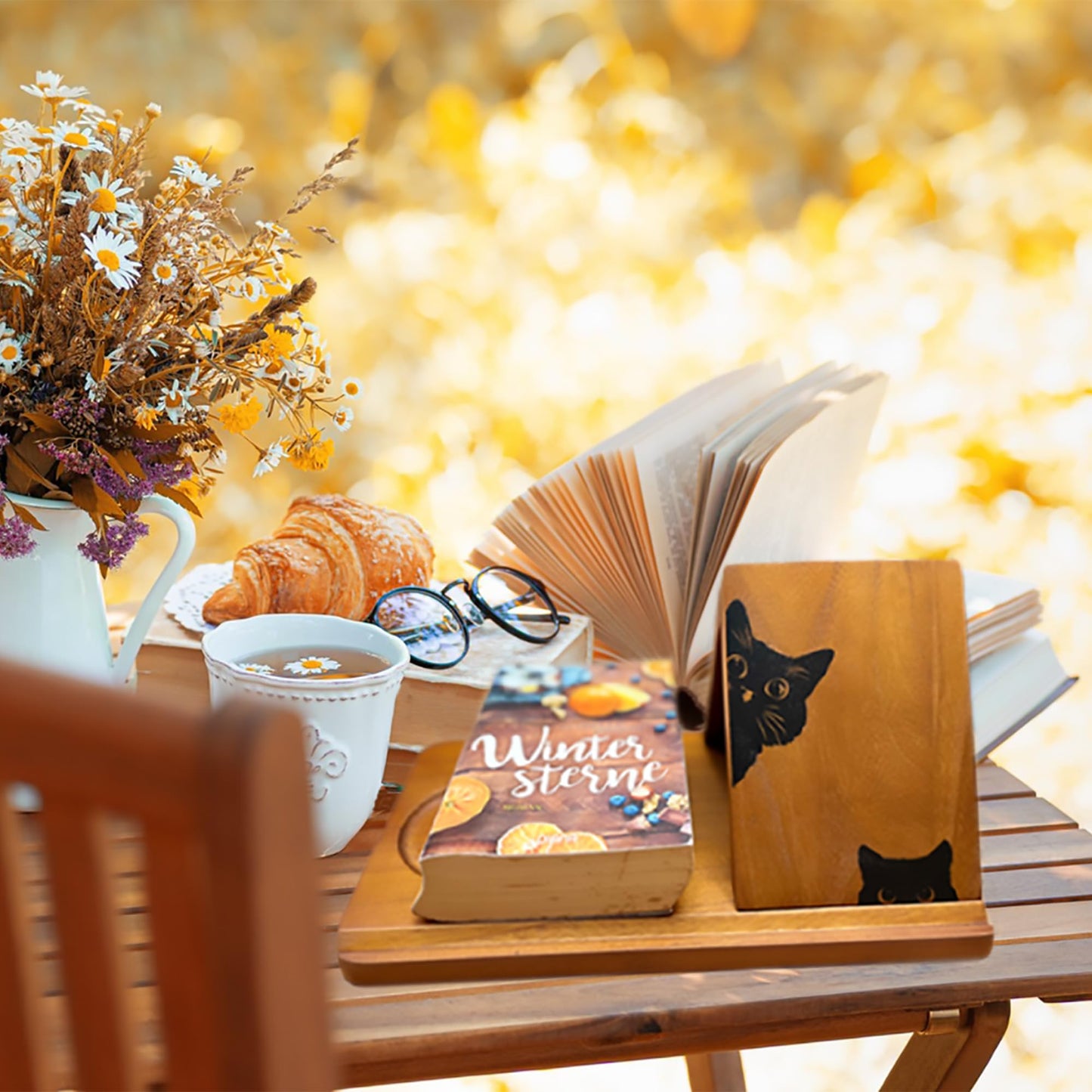 Adeerus Wooden Book Stand, Triangle Book Holder, Small Bookshelf, Black Cat Book Rest with Cup Holder, for Reading or Desktop Decoration, Coffee and Book Lovers Father's Day Gifts for Dad & Husband