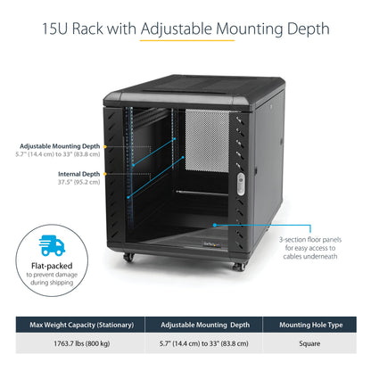 StarTech 15U Enterprise-Grade Server Rack Cabinet, 19in Enclosed 4-Post Rack with 33in (83cm) Mounting Depth and 1764lb (800kg) Weight Capacity