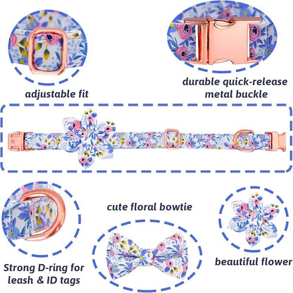 Dog Collar and Leash Set Girls Adjustable Puppy Collars with Floral Bow Tie for Small Medium Large Female Dogs, Blue Flower, M