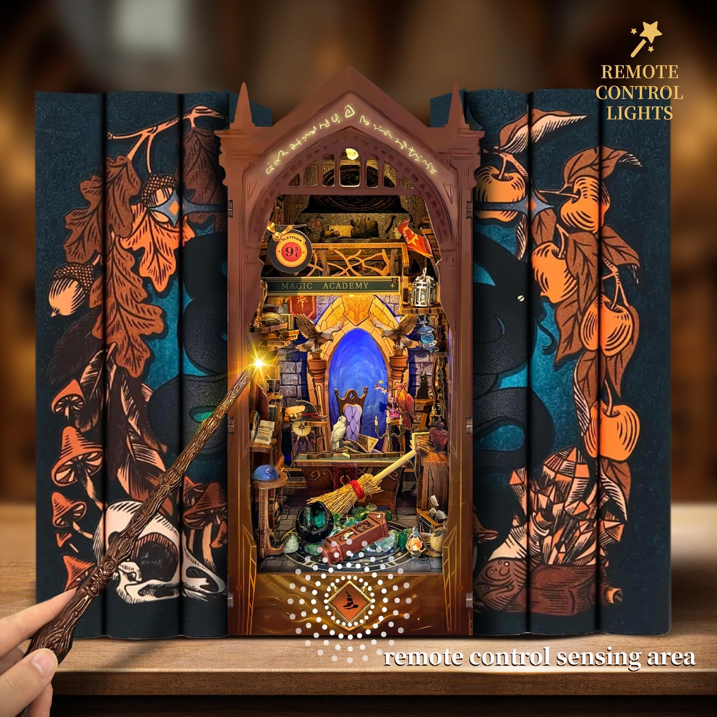 Magic Book Nook Kit with Remote Wand, 3D Wooden Puzzle, Dollhouse Miniature Booknook Kit Creative Bookend Bookshelf Decor for Adults Teens - Magic Academy(SQ-38)