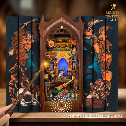 Magic Book Nook Kit with Remote Wand, 3D Wooden Puzzle, Dollhouse Miniature Booknook Kit Creative Bookend Bookshelf Decor for Adults Teens - Magic Academy(SQ-38)