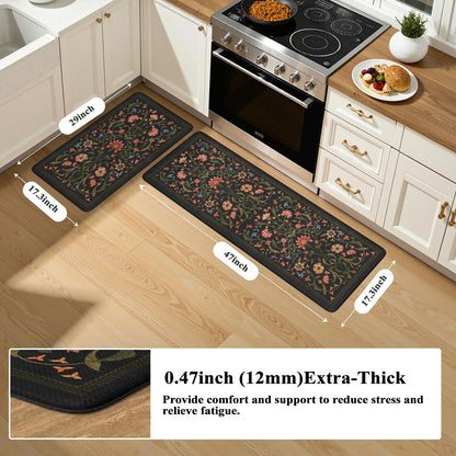 Collive Kitchen Mats for Floor 2PCS, Cushioned Anti Fatigue Mat Non Slip Waterproof Kitchens Sink Rug, Floral Comfort Padded Standing Mat for Laundry, Desk, Bar, Office, 17.3"x29"+17.3"x47", Black