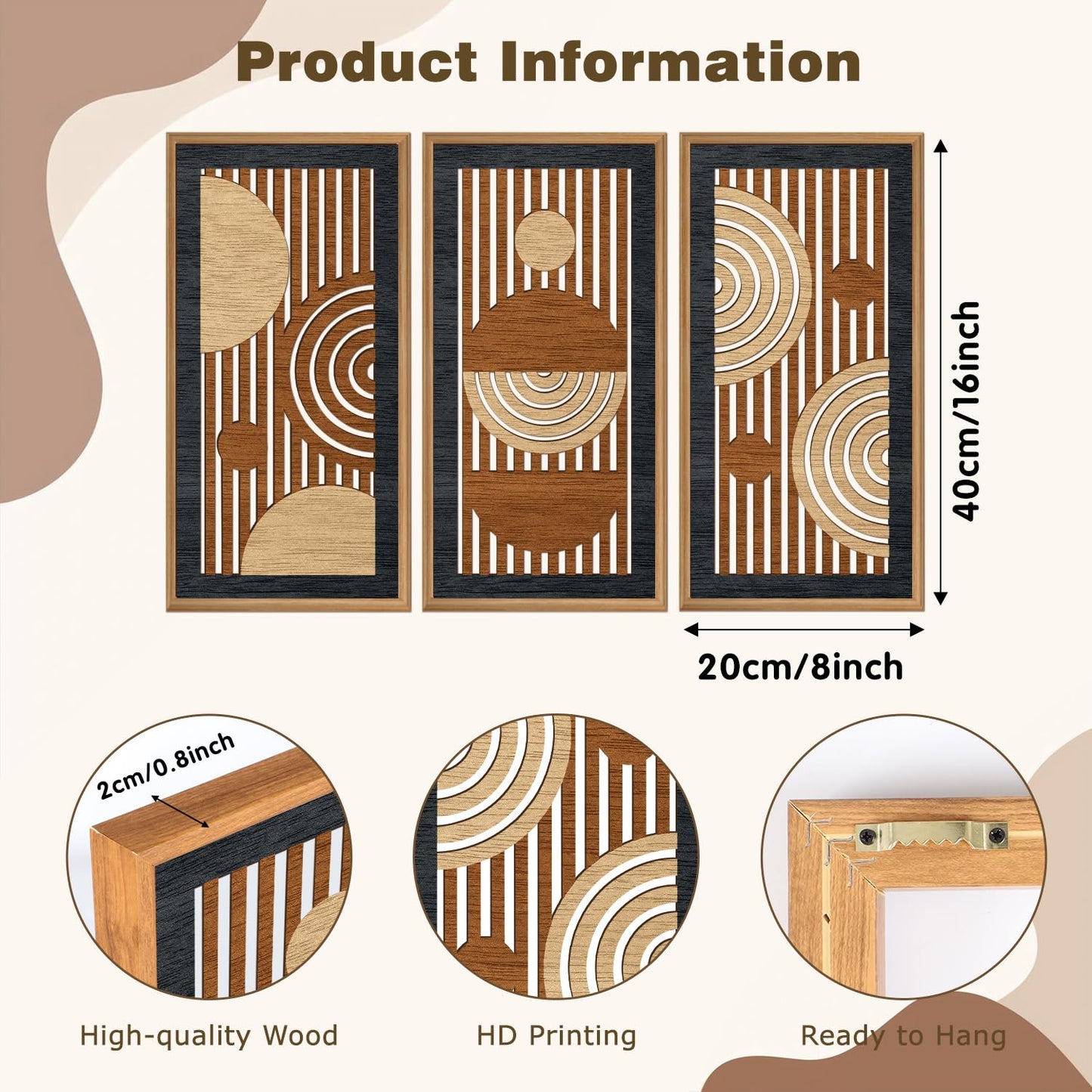 IARTTOP 3Pcs Mid Century Modern Wall Decor Framed Geometric Wood Wall Art Set Minimalist Abstract Line Panel Hanging Decor for Living Room Bedroom Office 8 x 16 Inch