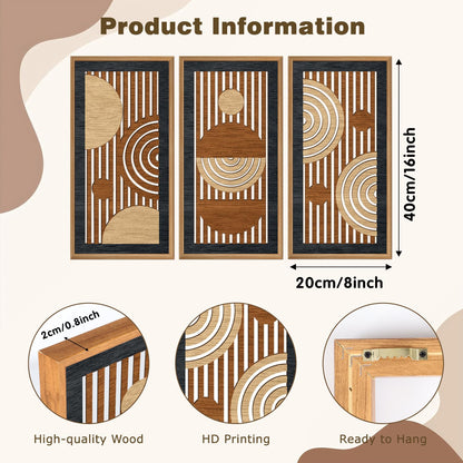 IARTTOP 3Pcs Mid Century Modern Wall Decor Framed Geometric Wood Wall Art Set Minimalist Abstract Line Panel Hanging Decor for Living Room Bedroom Office 8 x 16 Inch