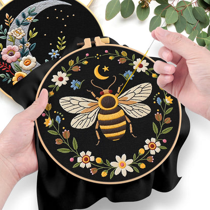 ERKOON Embroidery Kit for Beginners, 2 Set Flower Cross Stitch Set Include Embroidery Cloth Hoops Threads for Craft Lover Hand Stitch with Embroidery Skill Techniques (Bee Moon)