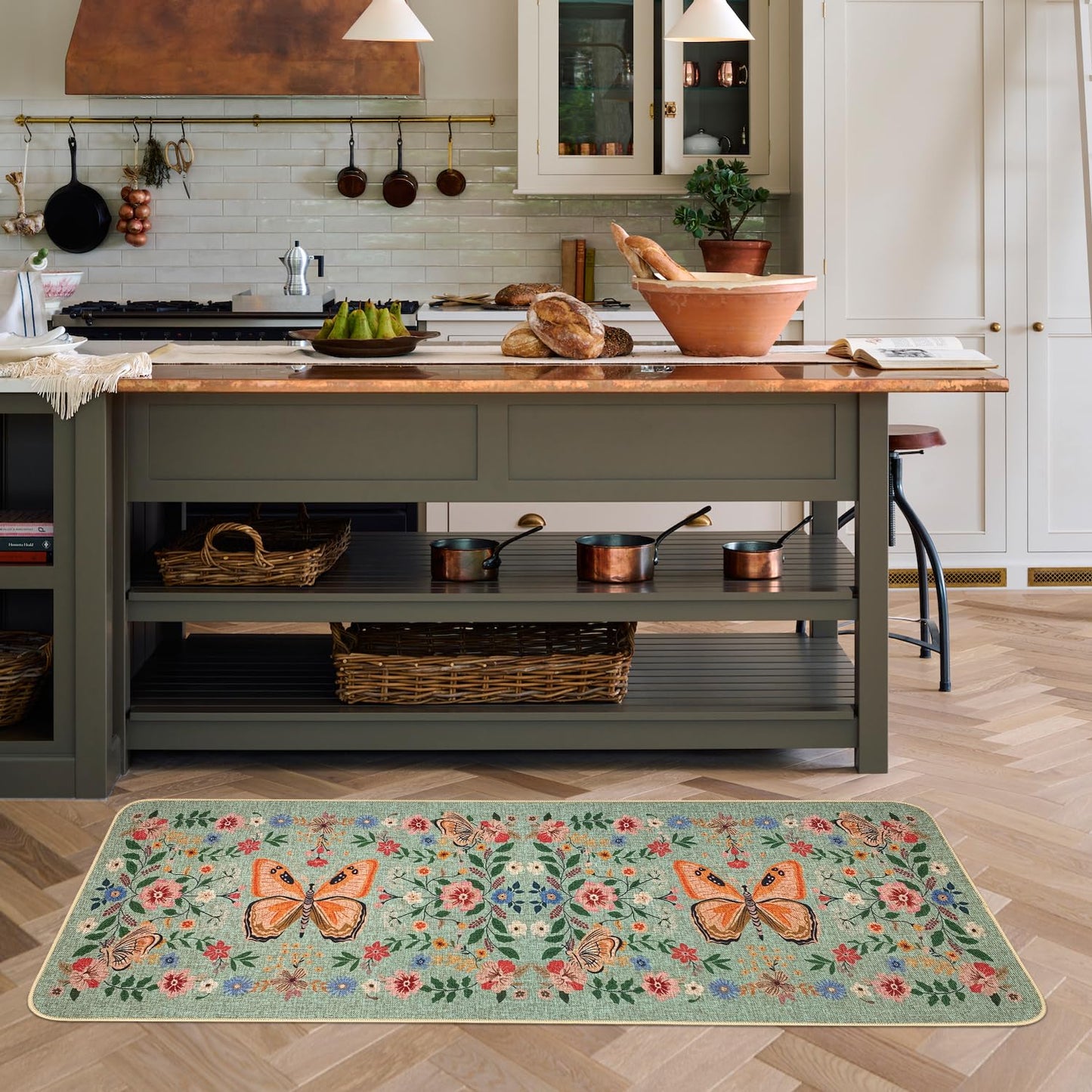 SHIYUE Boho Kitchen Mat Set of 2, Green Butterfly Flower Kitchen Rugs Farmhouse Modern, Non Skid Washable Rubber Runner Rugs, Kitchen Decor Accessories（17x47in+17x30in）