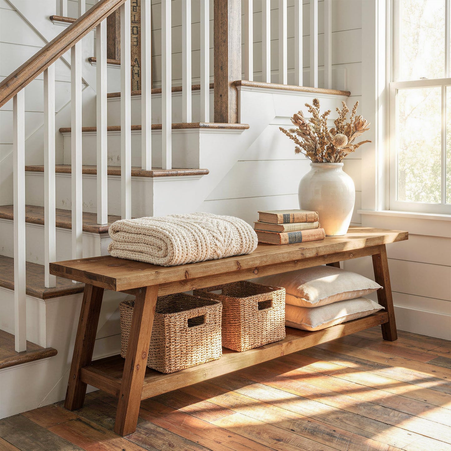 TRIBEWOOD Solid Wood Entryway Bench with Shoe Storage Shelf, 62.99" Long Rustic Hallway Shoe Bench, Natural Wood Mudroom Window Seating, 400 lbs Capacity