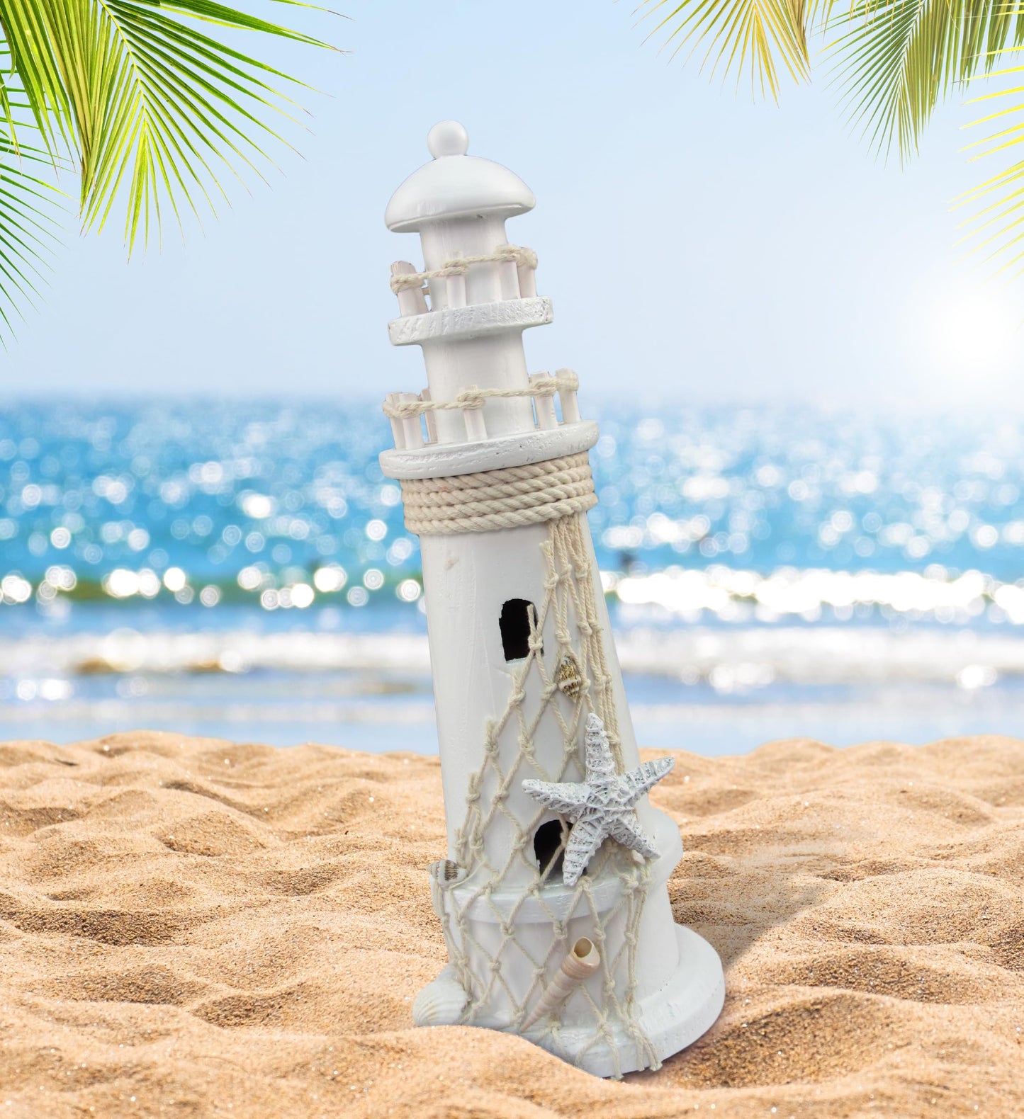 Puzzled White Wooden Lighthouse Decor - Handcrafted Nautical Lighthouse Table Top Decor, Lighthouse Sea Decorations for Home with Small Starfish Nautical Net, and Seashell Ocean Trinkets - 11 Inches