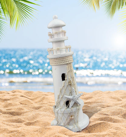 Puzzled White Wooden Lighthouse Decor - Handcrafted Nautical Lighthouse Table Top Decor, Lighthouse Sea Decorations for Home with Small Starfish Nautical Net, and Seashell Ocean Trinkets - 11 Inches
