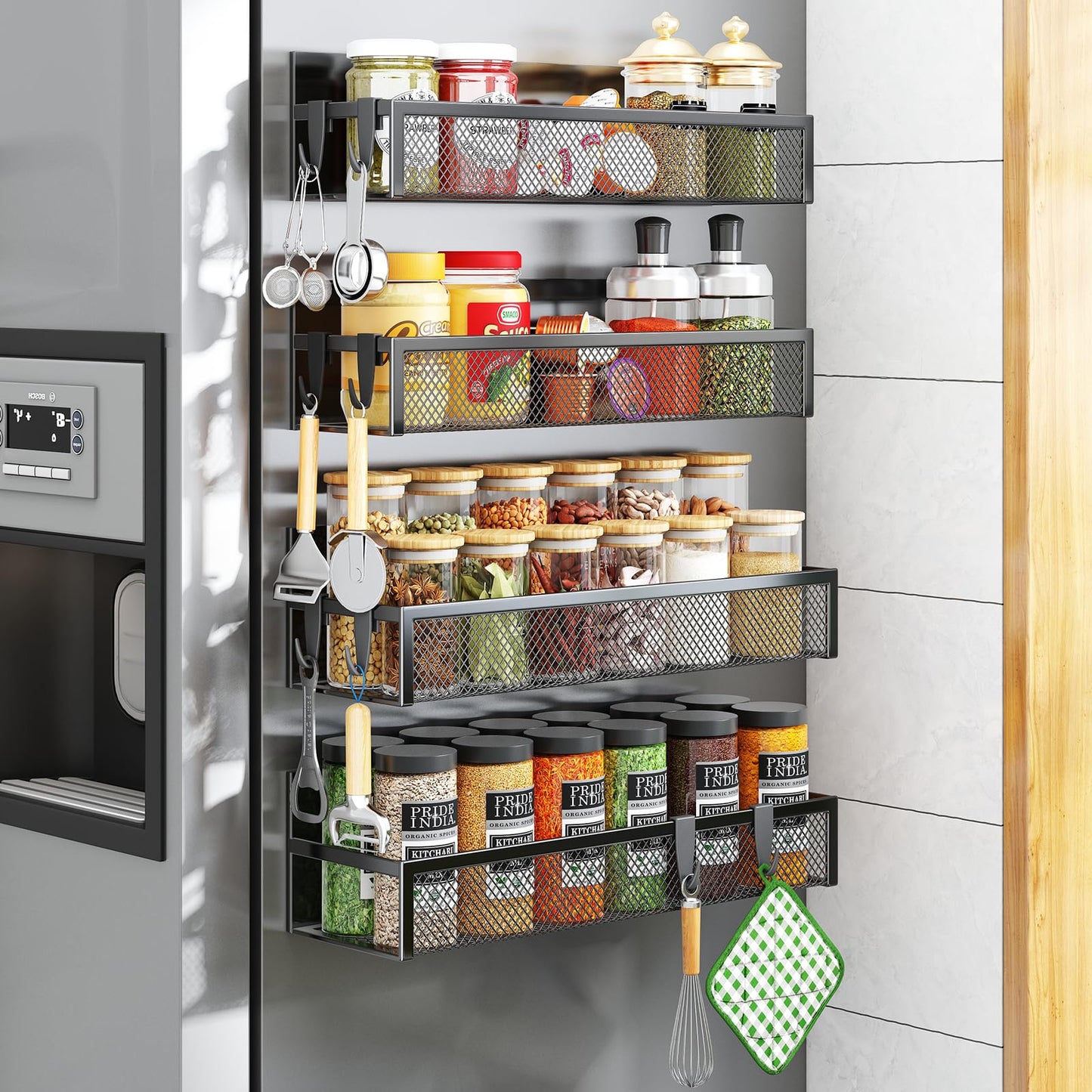 Magnetic Spice Rack for Refrigerator, 4 Pack Magnetic Shelf, Fridge Magnet Organizer with Moveable 8 Hooks, Magnetic Fridge Shelf for Kitchen Organization and Storage (4 Pack)