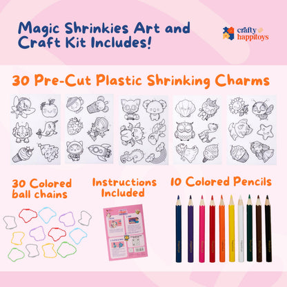 CRAFTY HAPPITOYS Shrink Art Sheets - Craft Kit for Kids - Art and Craft for Kids - Shrink Plastic Sheets with 30 Pre Cut Charms - DIY Jewelry Making - Keychain Activity - Shrinky Kit 70pc