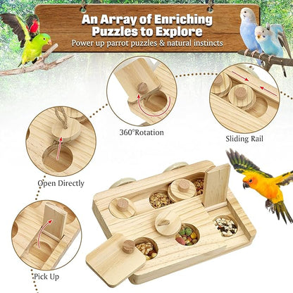 BNOSDM Wooden Bird Foraging Toys with Paw Grinding Sticks, Natural Wood Enrichment Puzzle Toys for Training & Chewing Stand Platform Feeder Cage Accessoriesfor Parrots, Parakeets, Cockatiels, Conures