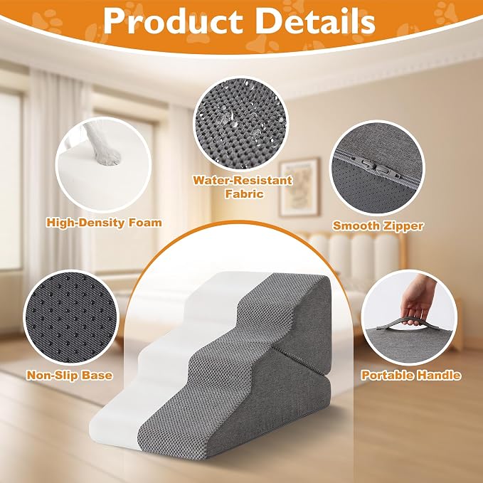 Dog Stairs for Small Dogs 16’’ H, 3-Step Dog Steps for Bed, Foldable Pet Stairs and Ramp for Dogs and Cats to Get on Beds, Couch, Non-Slip Balanced Pet Steps with Waterproof Cover, Grey
