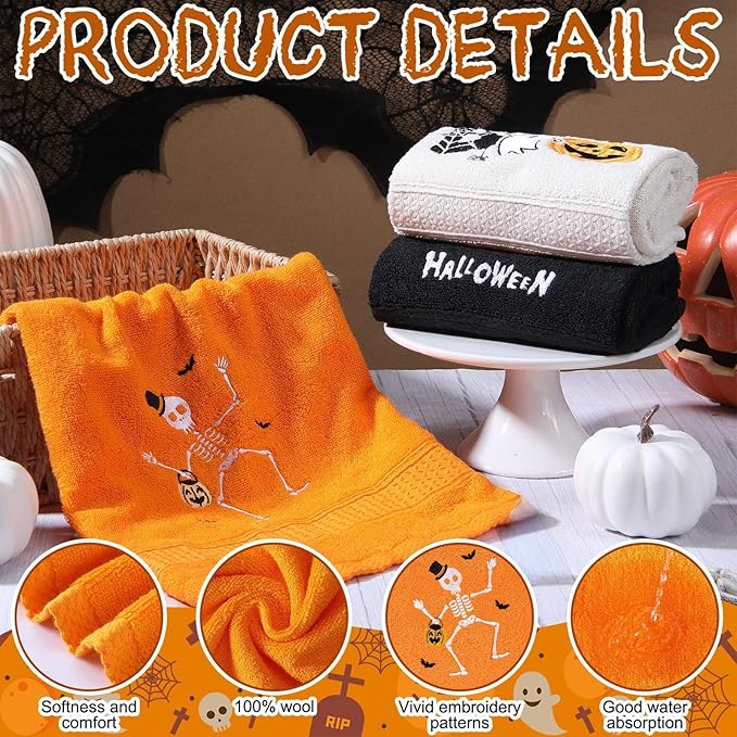 3 Pcs Halloween Hand Towels for Bathroom Embroidered Pumpkin Ghost Skull