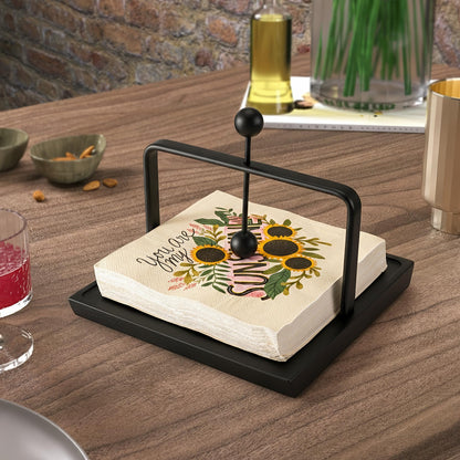 ALLCENER Napkin Holder for Table with Weighted Arm | Black Modern Flat Napkin Holder | Matte Metal & Wood Design for Kitchen Counter, Dining, and Outdoor Patio
