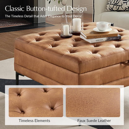 HULALA HOME Faux Leather Coffee Table, 36.5" Square Storage Ottoman with Metal Legs, Button-Tufted Coffee Table with Storage for Living Room, Camel