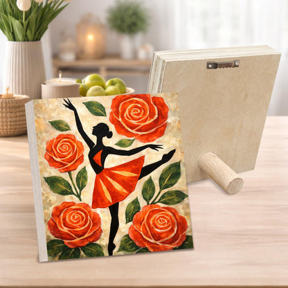Dancer Floral Wooden Block Sign, Feminine Ballet Art Decor, Red Rose Dance Illustration Shelf Sitter, Elegant Home Table Mantel Tiered Tray Gift for Dance Lover