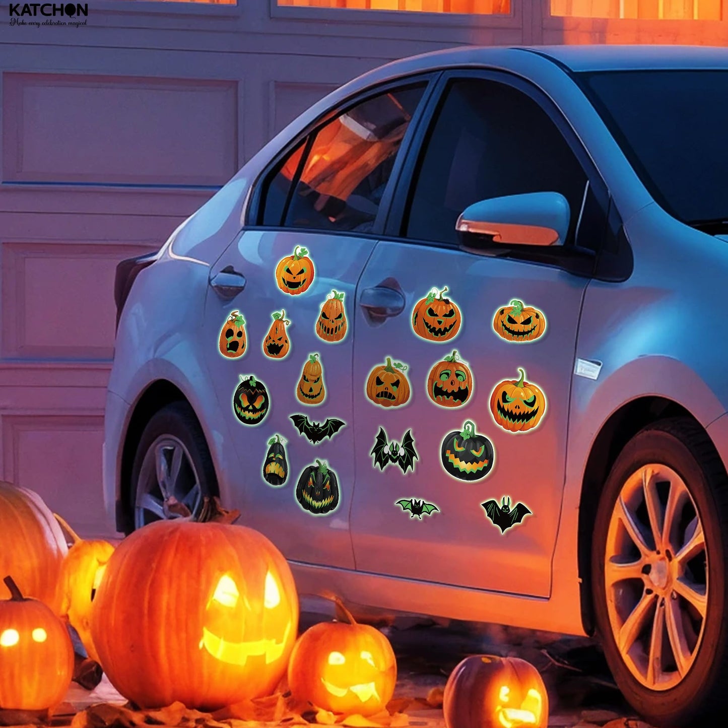 KatchOn, Glow in The Dark Halloween Magnets Stickers - Pack of 18 | Pumpkin & Bat Magnetic Stickers for Halloween Decor, | Summerween Party Decorations | Magnets for Car, Garage Door, Refrigerator