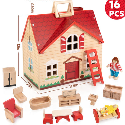 Foldable Wooden Dollhouse with 13PCS Furniture, 4 Rooms and 2 Flexible Dolls, Pretend Play Doll House Set with Portable Handle, Christmas Birthday Gift for Boys Girls Age 3+