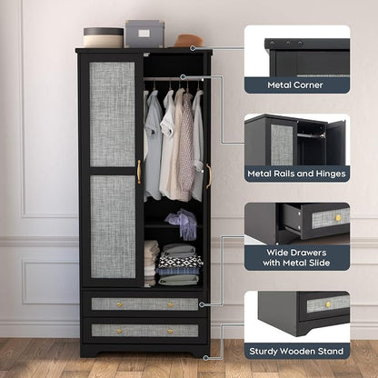 Brafab Armoire Wardrobe Closet with 2 Modern Doors Set of 2, 71" Tall Freestanding Closet Wardrobe Cabinet with Drawers and Hanging Rail, Wooden Storage Cabinet with Shelve for Bedroom, Black