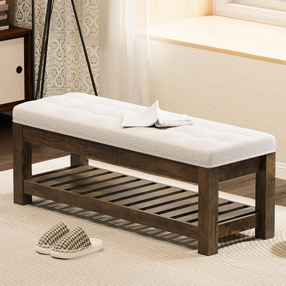 Welfuturer Large Upholstered Ottoman Bench Entryway Storage Benches Tufted Linen Ottoman Bench with Wood Shelf Padded End of Bed Bench for Bedroom Living Room Hallway Decor