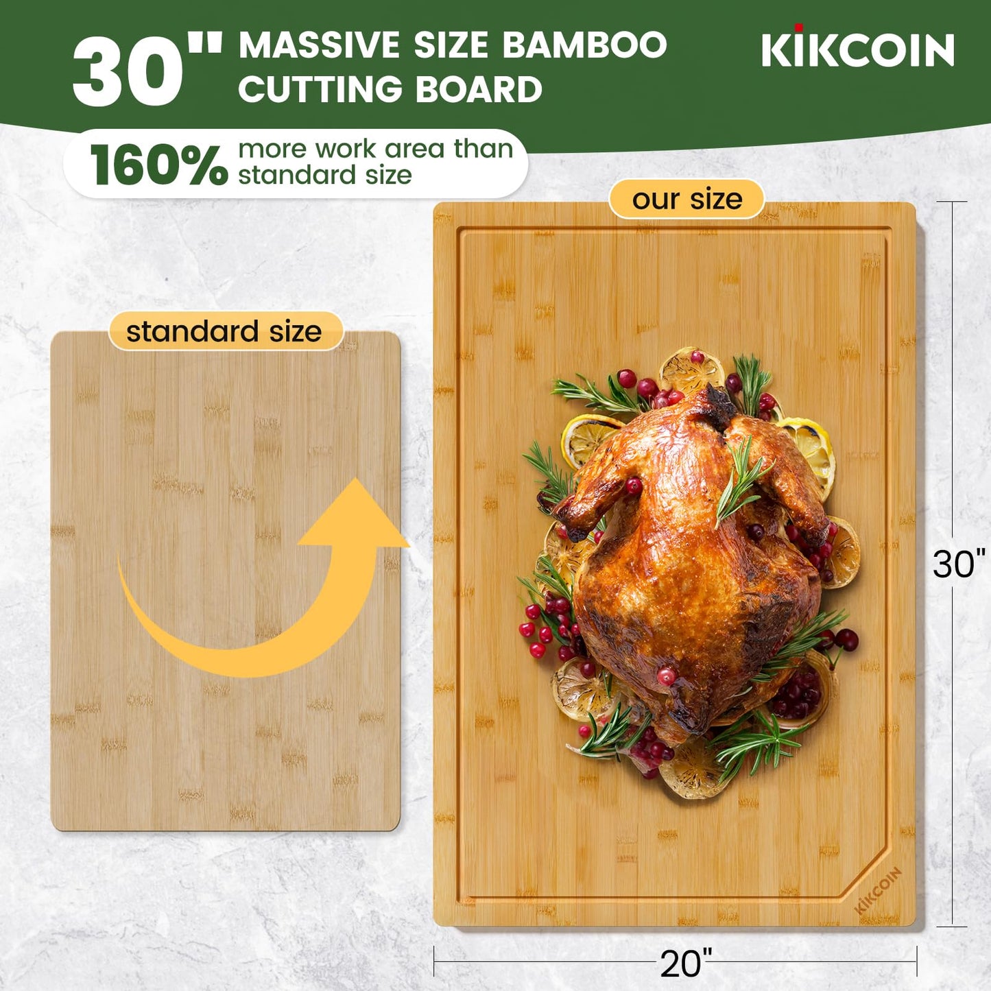 Kikcoin 30”×20” Bamboo Cutting Boards for Kitchen, Heavy Duty Wooden Cutting Boards, Healthy Extra Large Chopping Boards with Deep Juice Groove and Handle, Oversized Stove Top Cover, Natural