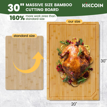 Kikcoin 30”×20” Bamboo Cutting Boards for Kitchen, Heavy Duty Wooden Cutting Boards, Healthy Extra Large Chopping Boards with Deep Juice Groove and Handle, Oversized Stove Top Cover, Natural