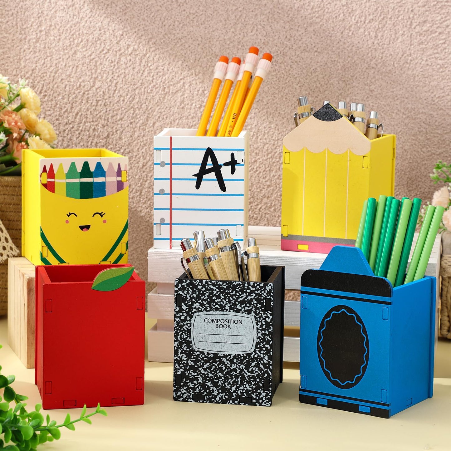 Whaline 6 Pcs Back to School Wooden Pen Holder Pencil Cups Pencil Crayon Composition Notebook Pen Storage Container Stationery Makeup Brush Organizer for Home Office Dorm Desktop Accessories
