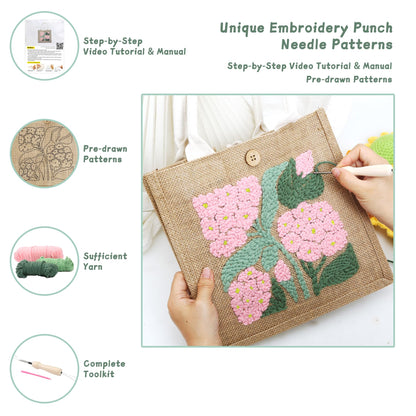 ERNTRNL Punch Needle Tote Bag Kit for Adults Beginner - DIY Punch Needle Embroidery Tote Bag Set, Punch Stitching Bags Kit with Instructions & Video Tutorial,Unique Pattern,Tools (Pink-Green)