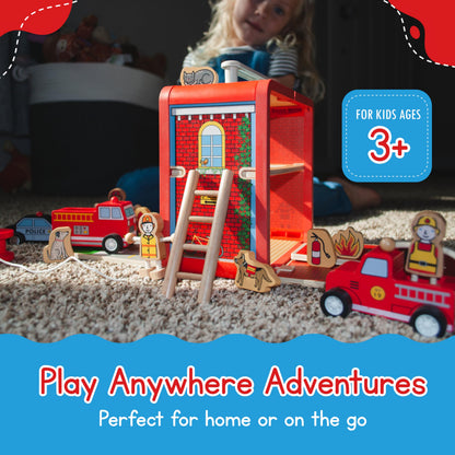 Jack Rabbit Creations Fire House Suitcase Playset - Wooden Fire Station Playset, 15 Pieces - Ages 3+
