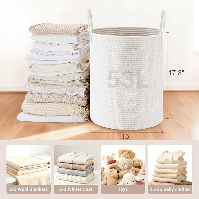 Tall Laundry Basket with Handles, 53L Portable Dirty Clothes Hamper, Boho
