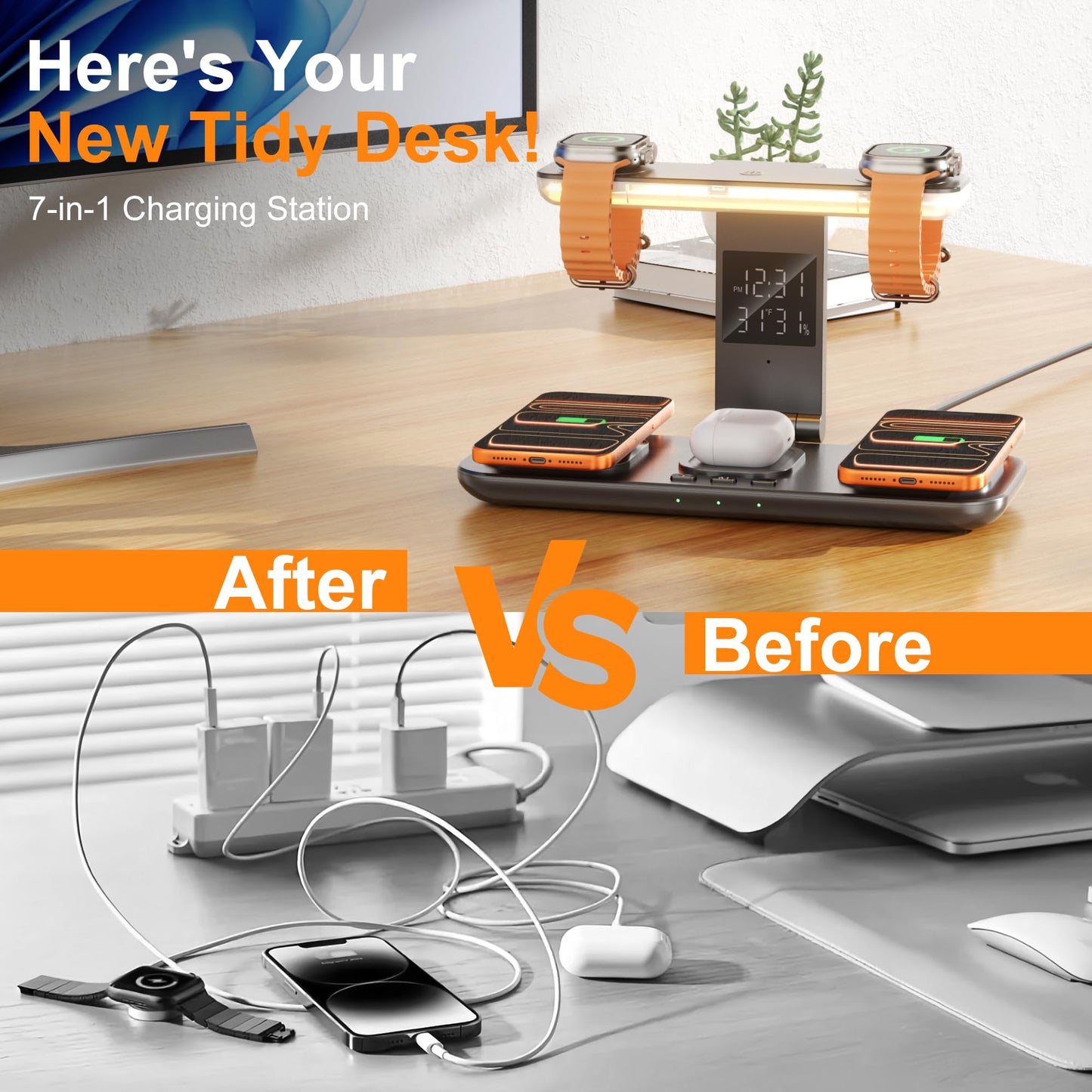 7-in-1 Wireless Dual Phone Charging Station for Apple, Dual Magsafe Charger for iPhone 17-12 Series, for Dual Apple Watch Charger for iWatch, with Air Pods Charger, Night Light & Clock