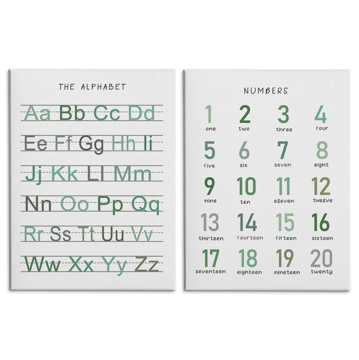 HRQKO Alphabet Numbers Nursery Canvas Wall Art Set of 2, Kids Room Decor Framed Art, Sage Green ABC Numbers Educational Posters Wall Decor for Classroom Toddler Nursery Bedroom Playroom, 11x14 inch