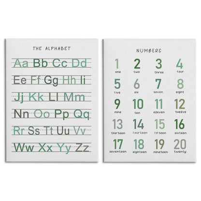 HRQKO Alphabet Numbers Nursery Canvas Wall Art Set of 2, Kids Room Decor Framed Art, Sage Green ABC Numbers Educational Posters Wall Decor for Classroom Toddler Nursery Bedroom Playroom, 11x14 inch