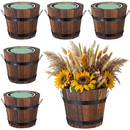 Remerry 6 Pcs Rustic Wood Barrel Planter Boxes with Removable Plastic Liners & Floral Foam Blocks, Farmhouse Decor for Wedding Table, Home, Garden, Kitchen & Party Centerpieces (Classic)