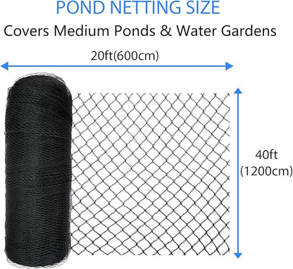 Koi Pond Netting Kit 20 x 40 FT, 3/8" Heavy Duty Woven Mesh Pond Net Cover for Leaves with 12 Stakes, HDPE Pool Netting Protecting Fish from Herons Birds Cats, Black