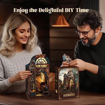 FUNPOLA LED 3D Puzzle Magic Station Book Nook Kit - Interactive 3D Wood Puzzle LED Magical Miniature with Infinite Extension Space - DIY Bookshelf Insert Decor Gifts(Magic Station)