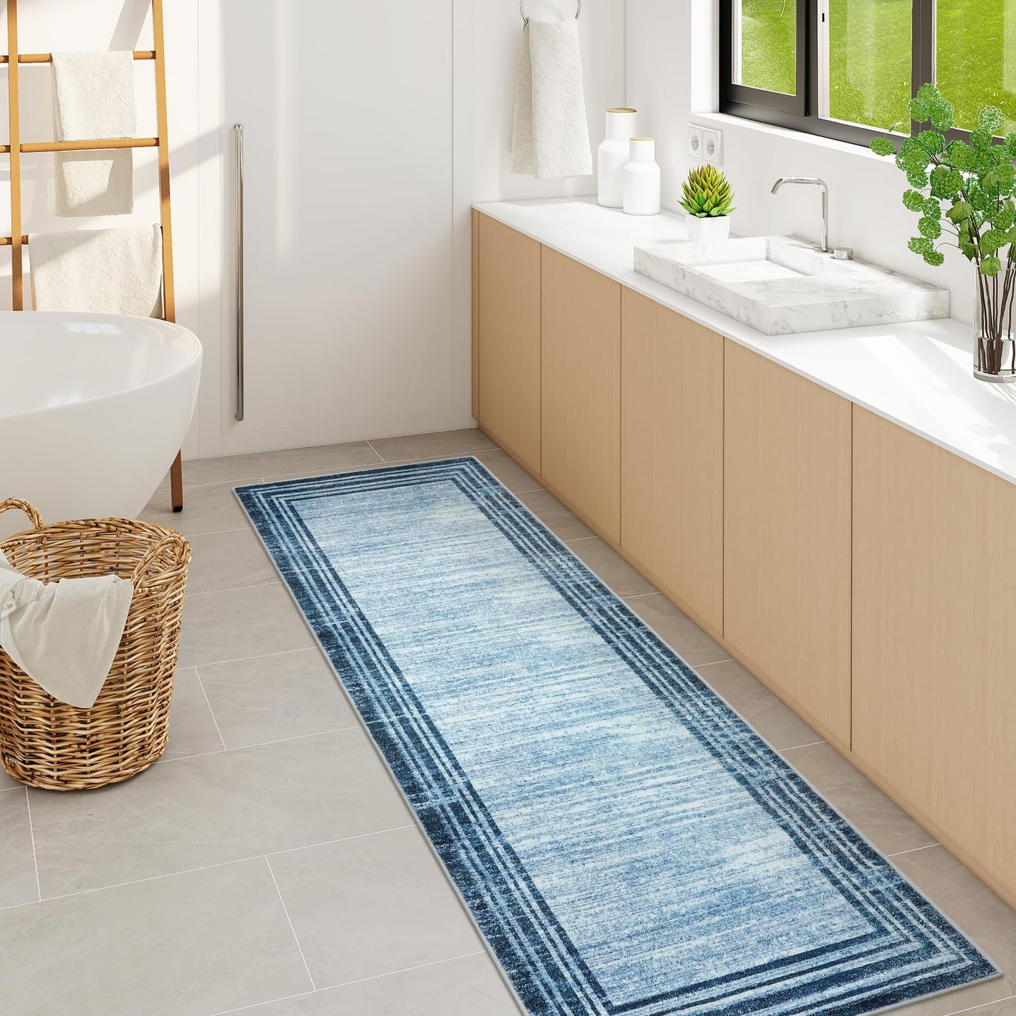 Lahome Amabel Abstract Runner Rug,2.5x8 Hallway Runner Rug Non-Slip Washable Blue Kitchen Runner Rugs, Soft Bedroom Runner Minimalist Solid Indoor Carpet Runners for Entryway Bathroom Laundry Room
