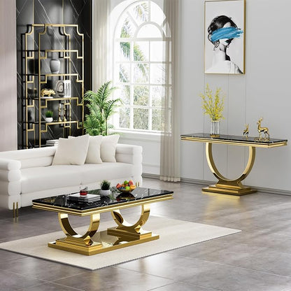 1 Piece Living Room Coffee Table Luxury Faux Marble Center Table, Modern Black Gold Coffee Table with Double O Shape Stainless Steel Pedestal Base,1 Table Only