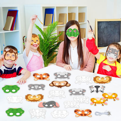 63Pcs Color Your Own Animal Masks Crafts for Kids DIY Paper Blank Jungle Animal Party Favors Lion Tiger Monkey Masks Making Kits with Ropes for School Class Activities Birthday Party Supplies