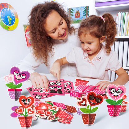 WATINC Valentine‘s Day Flower Craft Kit - 32PCS Make Your Own Heart Flowers Pot Decorations, DIY Valentine Paper Art Supplies with Stickers for Kids Adults, Homeschool Classroom Party Activities Gifts
