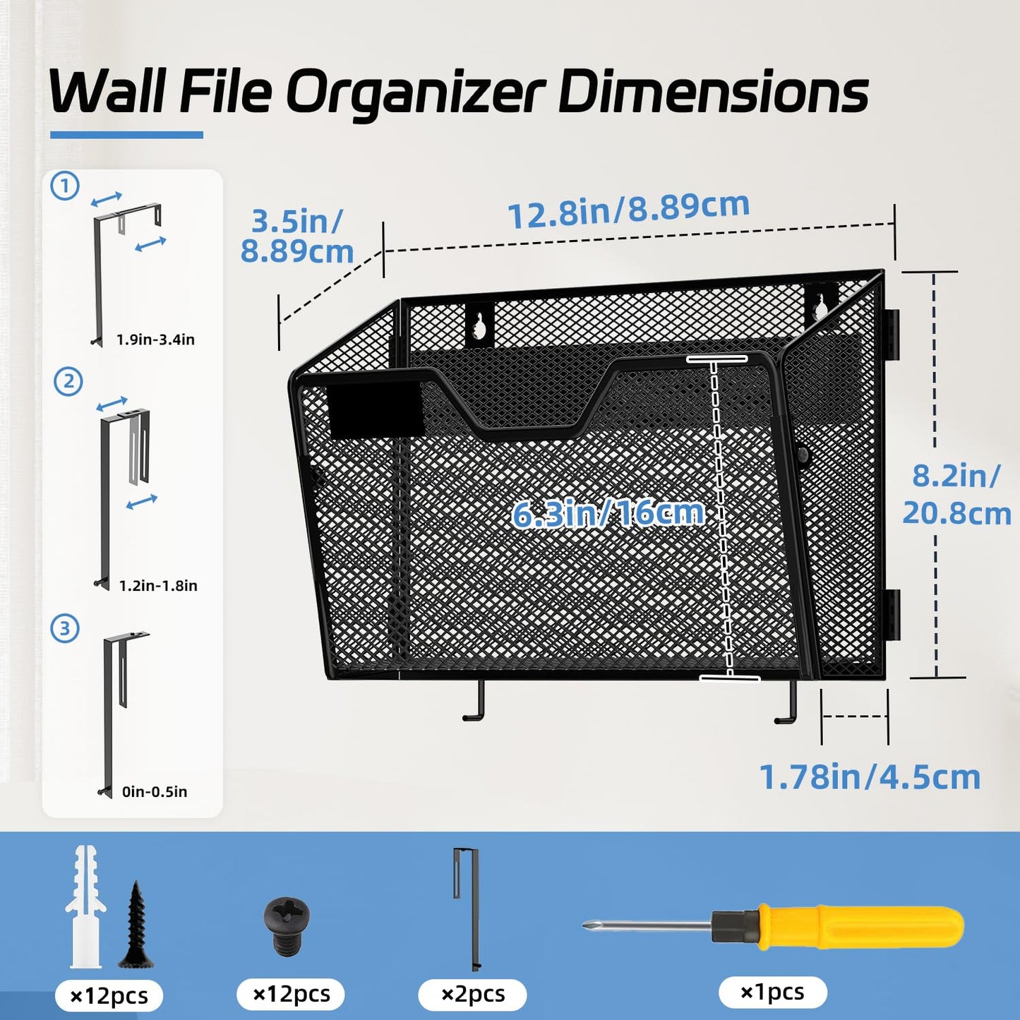 ReePlan 6 Pack Metal Wall File Organizer, Heavy Duty Hanging Mail Holder, Space Saving Over Door & Wall Mounted Storage for Office, Home & School(with 2 Metal Hooks)