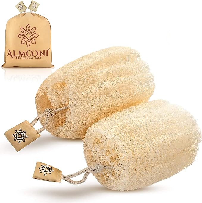 Almooni Natural Loofah Exfoliating Body Scrubber for Men and Women, Real Round Egyptian Loofah Sponge with Consistent Scrub Texture, Large Natural Shower Sponge for Body Exfoliation, 2-Count