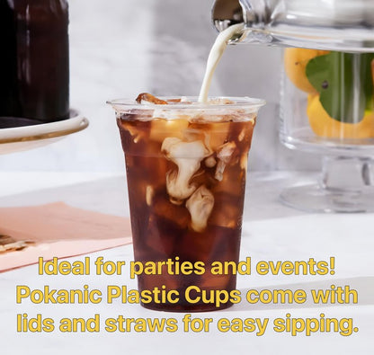 Pokanic Plastic Clear Cups [16 oz] with Lids and Straws [100 Set] Disposable Cold Beverage Drinking Iced Coffee Water Juice Tea Party Travel Cafe School Office Home Kitchen (100 Set, 16 oz)