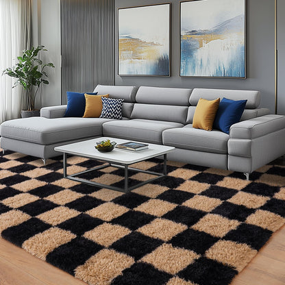 PIPABOBO Checkered Rug 4x6 for Bedroom, Fluffy Plush Area Rug Non Slip, Modern Indoor Shag Rugs for Living Room Girls Kids Room Nursery Dorm Home Decor, Black and Beige