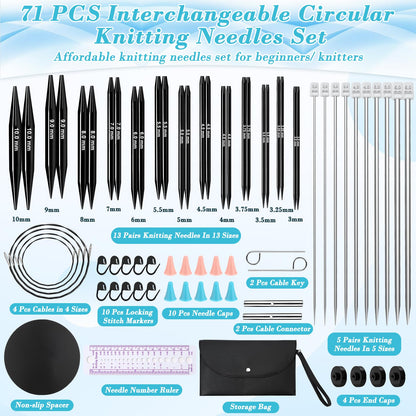 13 Pairs Interchangeable Knitting Needles Set with 4 Flexible Cables, Portable Circular Knitting Needles, 3-10 mm Smooth Aluminum Knitting Needle Kit for Beginner Projects Travel Home Knitting