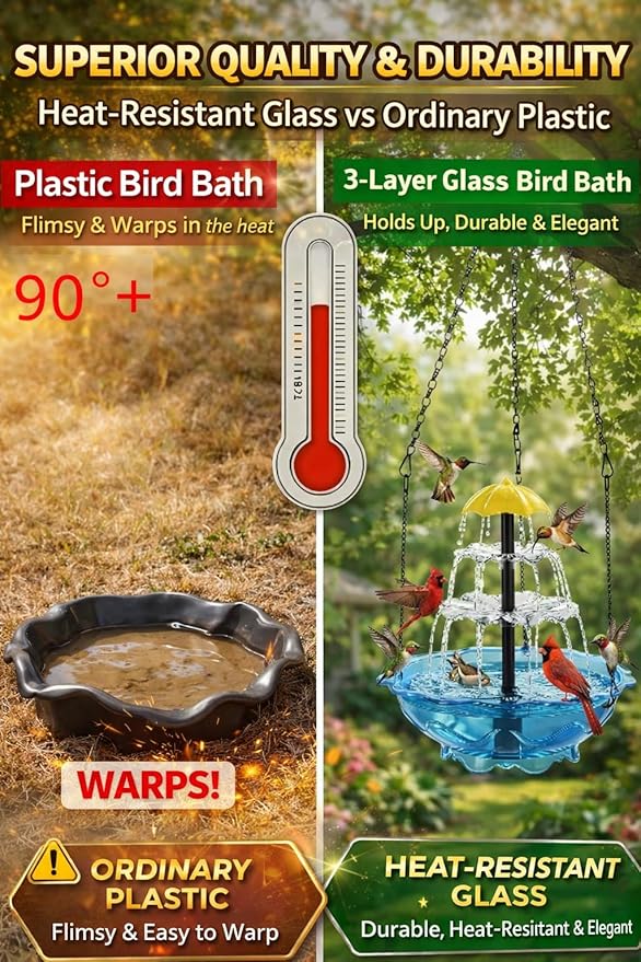 Solar Cascade Hanging Bird Bath Fountain, 2026 New Outdoor Hanging Bird Bath with Solar Fountain, Large Humming Birds Baths Fountains, with Solars Pump & Glass Bowl, for Outdoor, Gardens (#8)