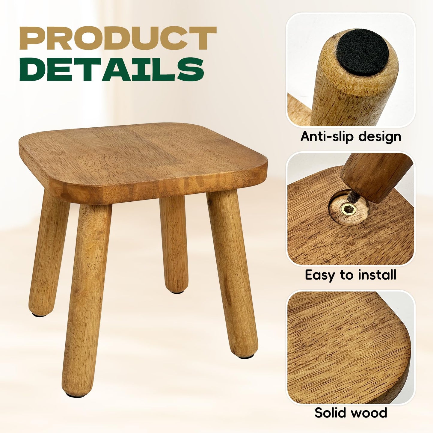 YEXEXINM 2 Pack Small Wooden Step Stools 9 Inch, Non-Slip One Step Stool Holds 300 lbs, Sturdy Bathroom Stool Plant Stand Square Footstool for Bedroom, Bathroom, Nursery, Easy Assembly